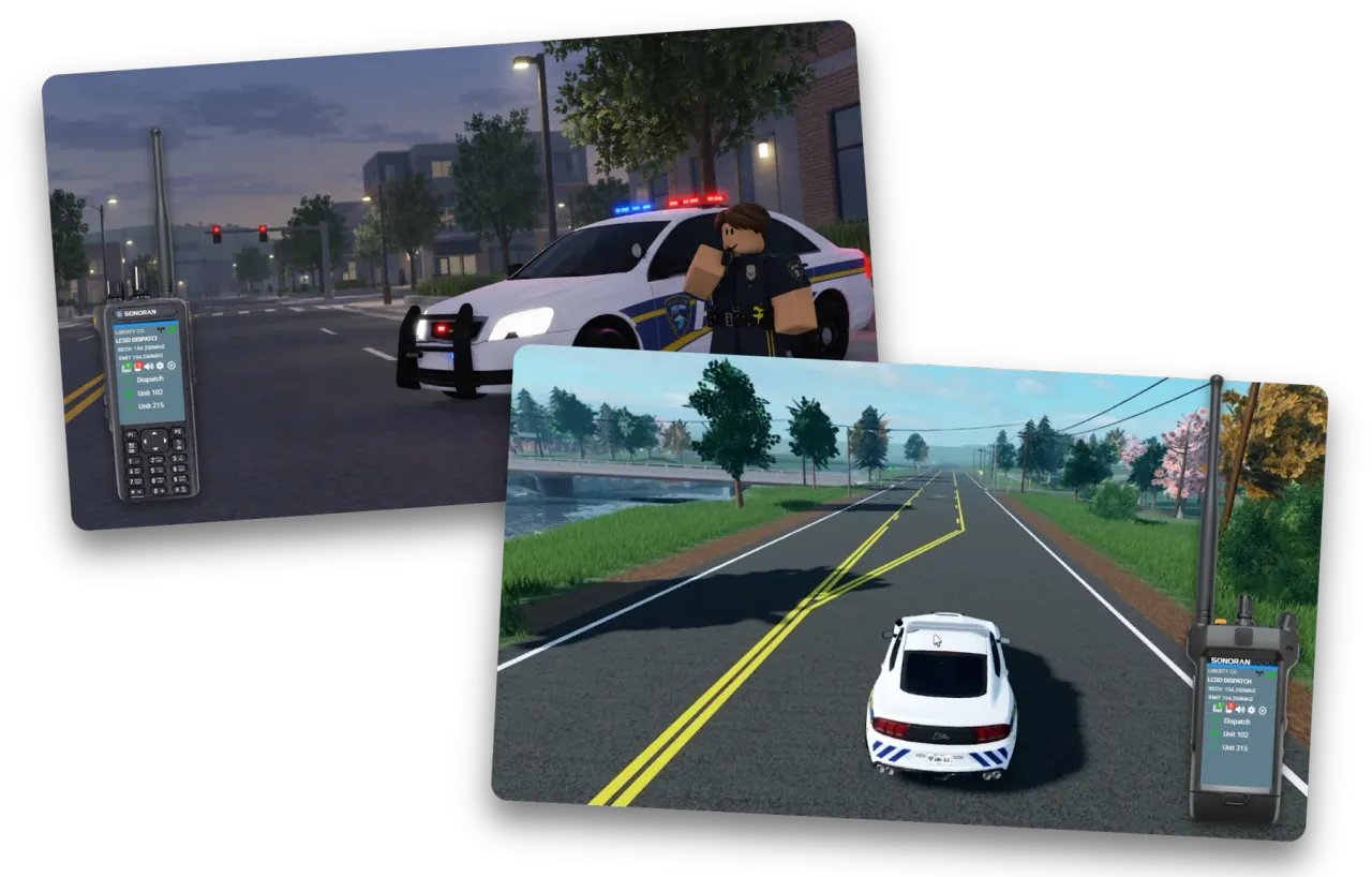 Sonoran Radio desktop overlays alongside ERLC police gameplay