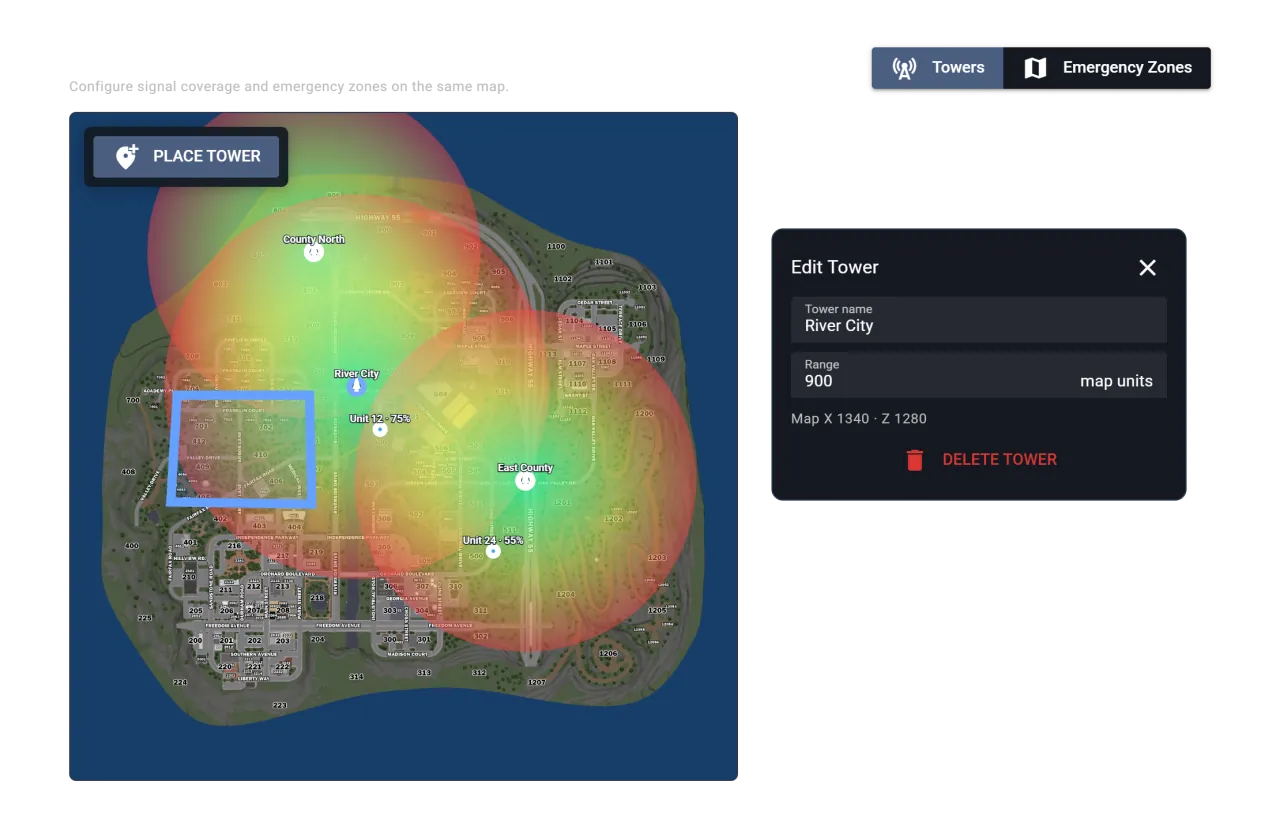Virtual radio towers and signal coverage on the ERLC map